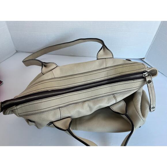 B. Makowsky Cream Off White Pebble Leather Brown Stitching Hobo XL Shoulder Bag - Picture 12 of 14